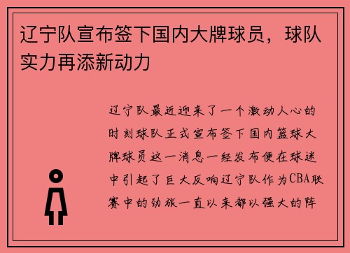 辽宁队宣布签下国内大牌球员，球队实力再添新动力
